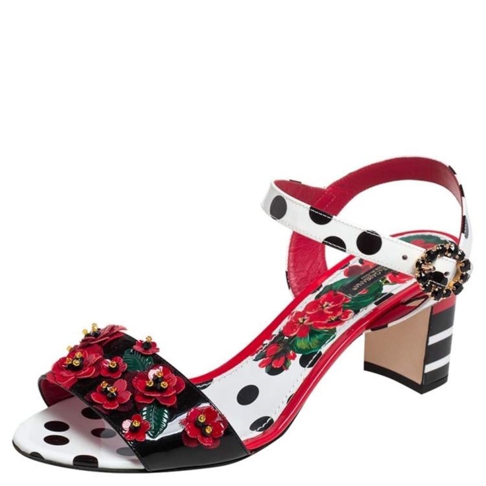 Dolce & Gabbana Red and Black Polka Dot Heels with Floral Accents